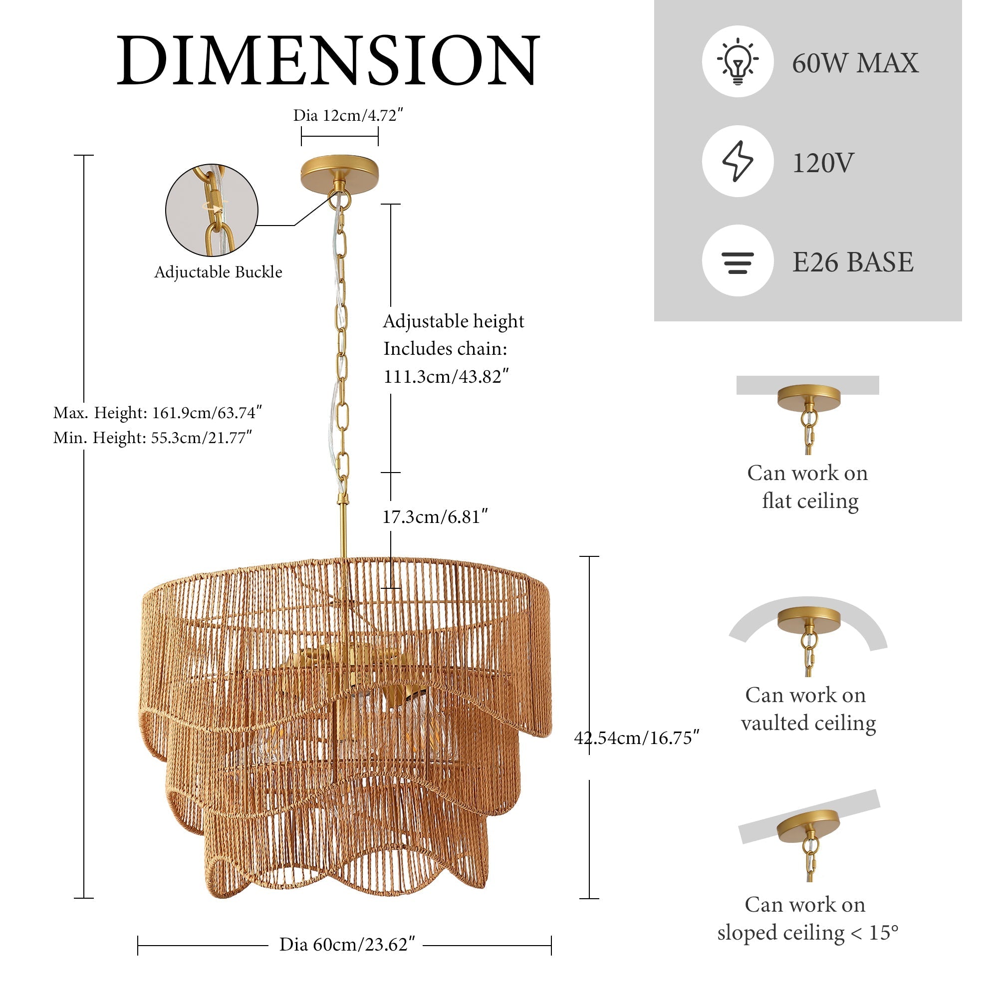 Handwoven Paper Rattan Boho Chandelier with 7-Light E26 Base