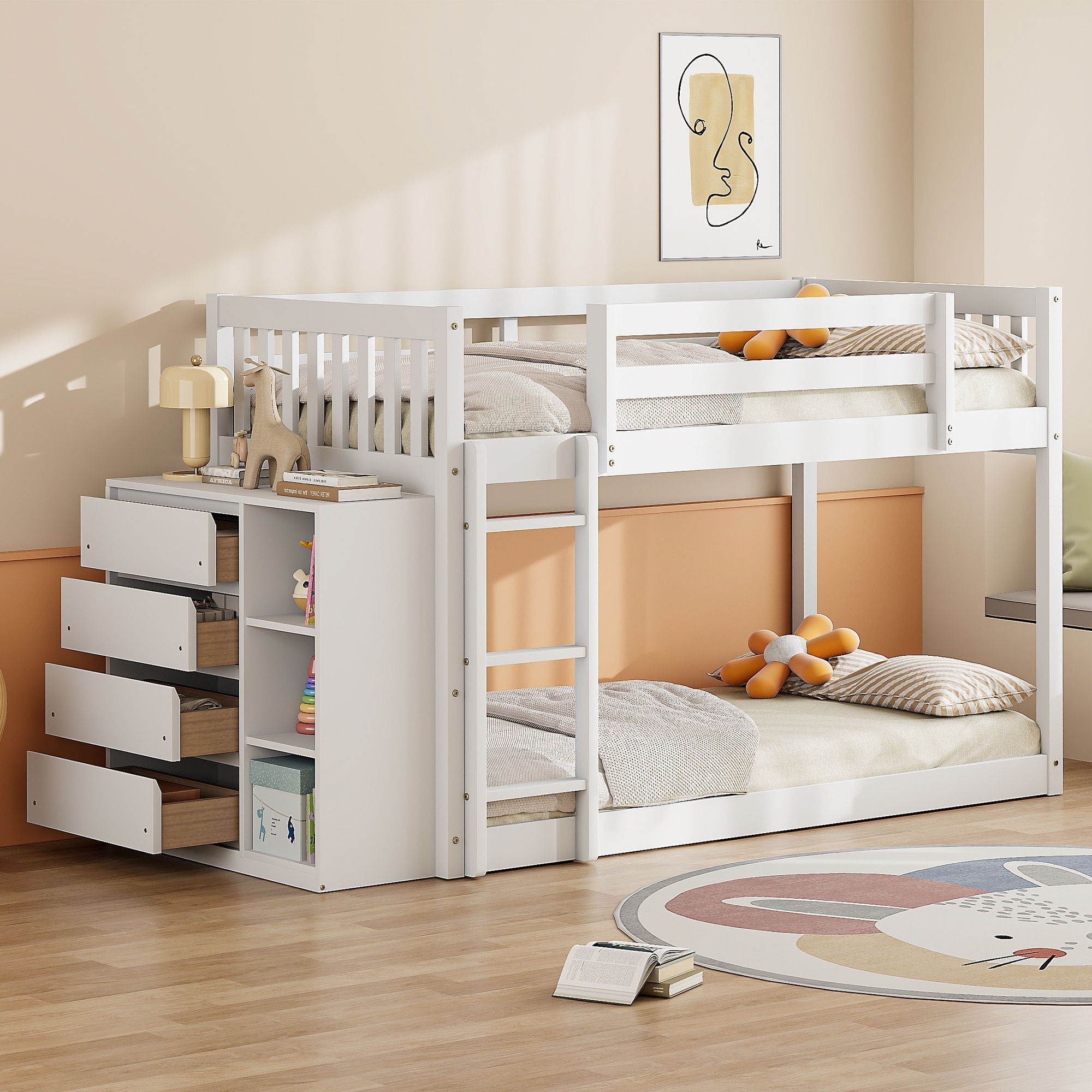 Bunk Bed With 4 Drawers and 3 Shelves