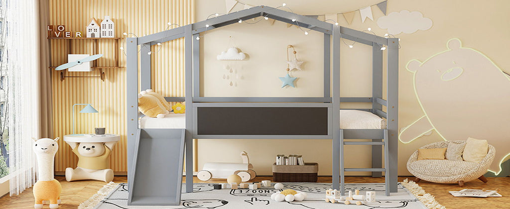 Loft House Bed With Ladder And Slide, With board And Light Strip On The Roof