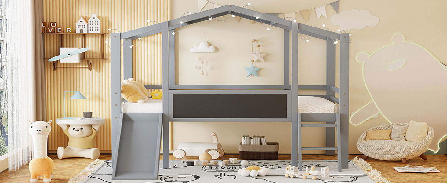 Loft House Bed With Ladder And Slide, With board And Light Strip On The Roof