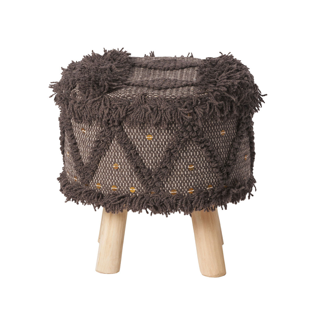 Roja Handcrafted Wool & Cotton Foot Stool with Eucalyptus Wood Frame - Dark Brown