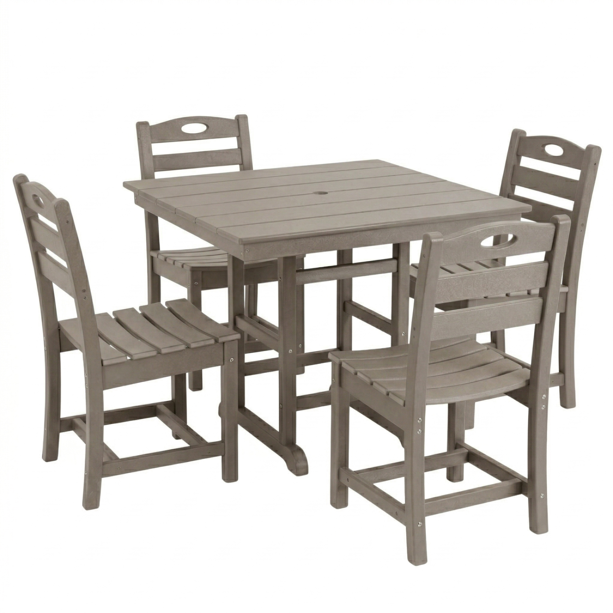 Antique Wood Color HDPE 5-Piece Outdoor Patio Dining Set with Square Table and 4 Armless Chairs, Umbrella Hole