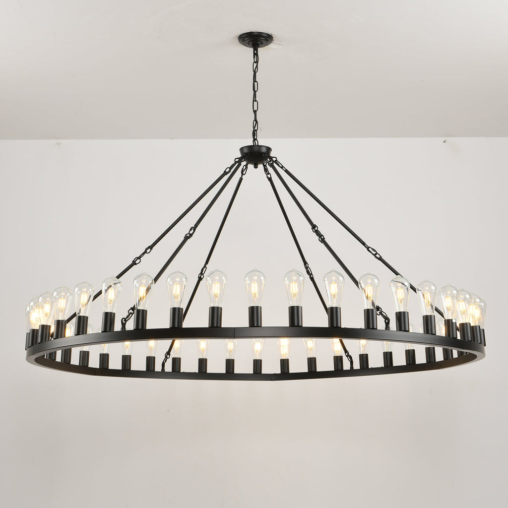 64 Inch Matte Black Wagon Wheel Chandelier With 30 Lights