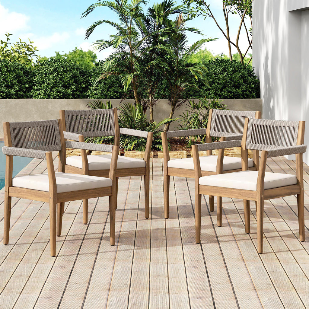 Braided Acacia Wood Outdoor Dining Chairs Set of 2 – Teak Look with Beige Rope & Cream Cushions