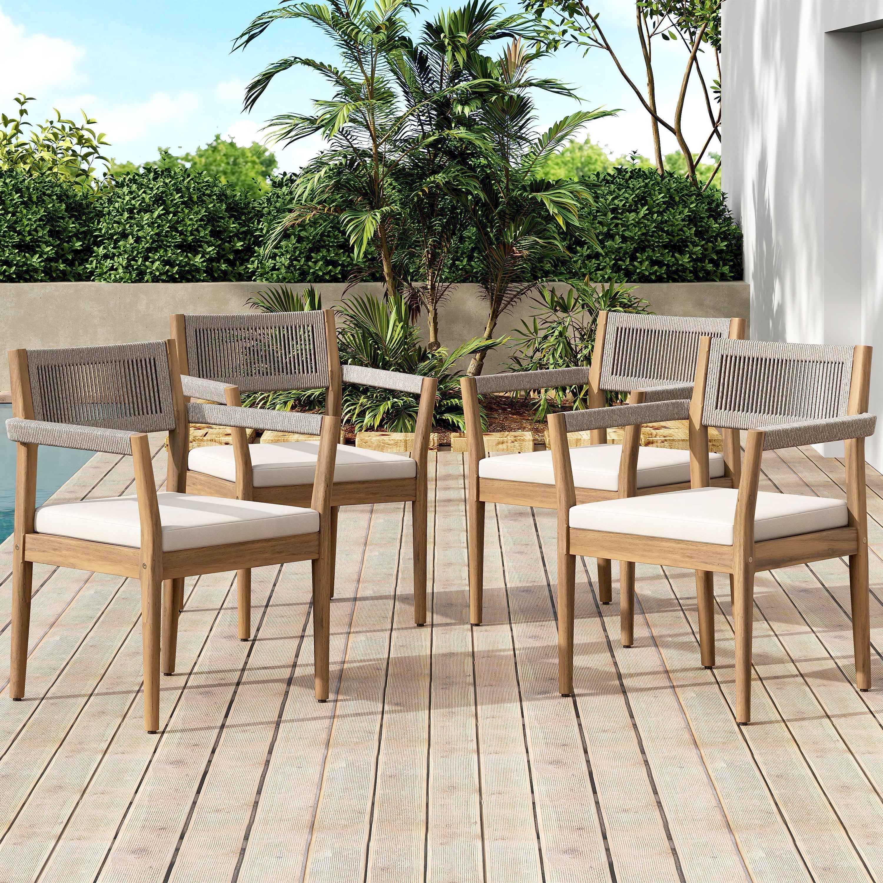 Braided Acacia Wood Outdoor Dining Chairs Set of 2 – Teak Look with Beige Rope & Cream Cushions