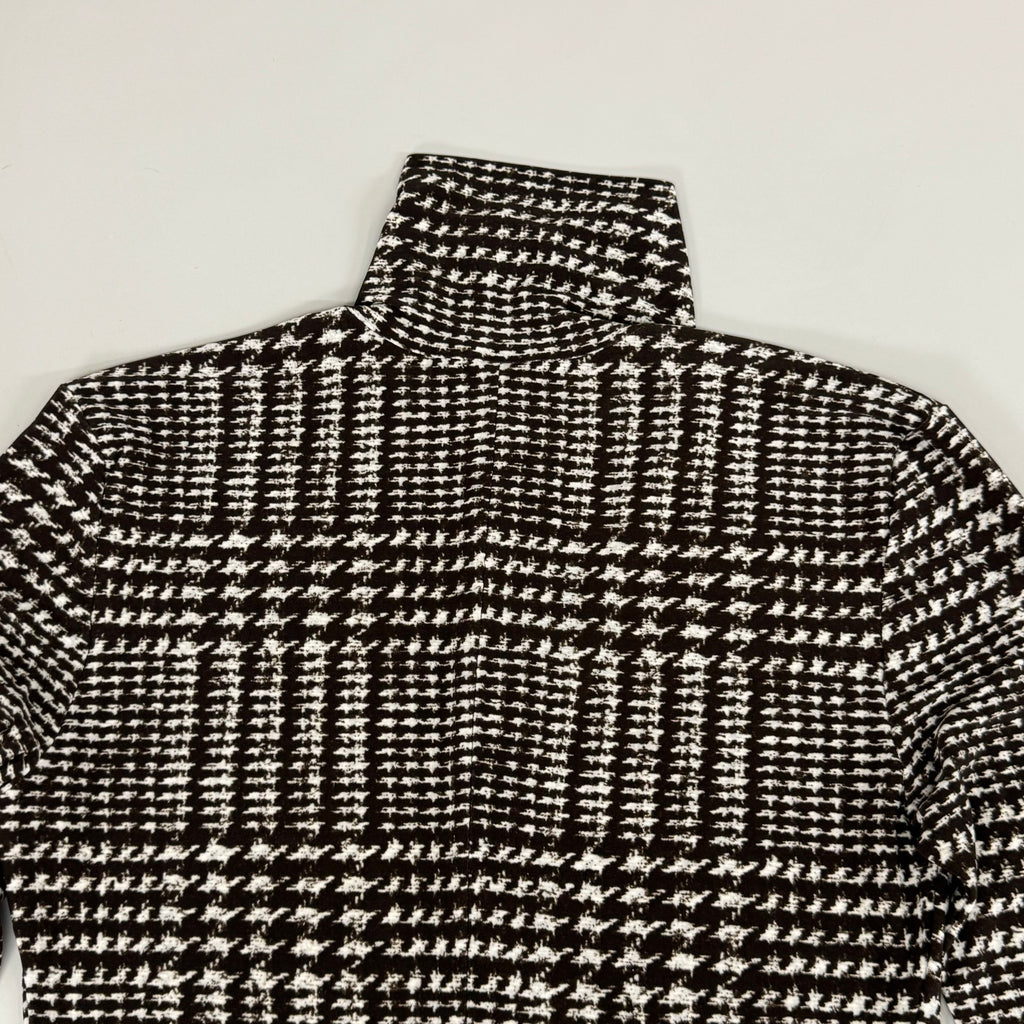 NORMA KAMALI Front Zip Slim Fit Turtle Top Women's Sz XS/34 Chocolate Plaid Tweed