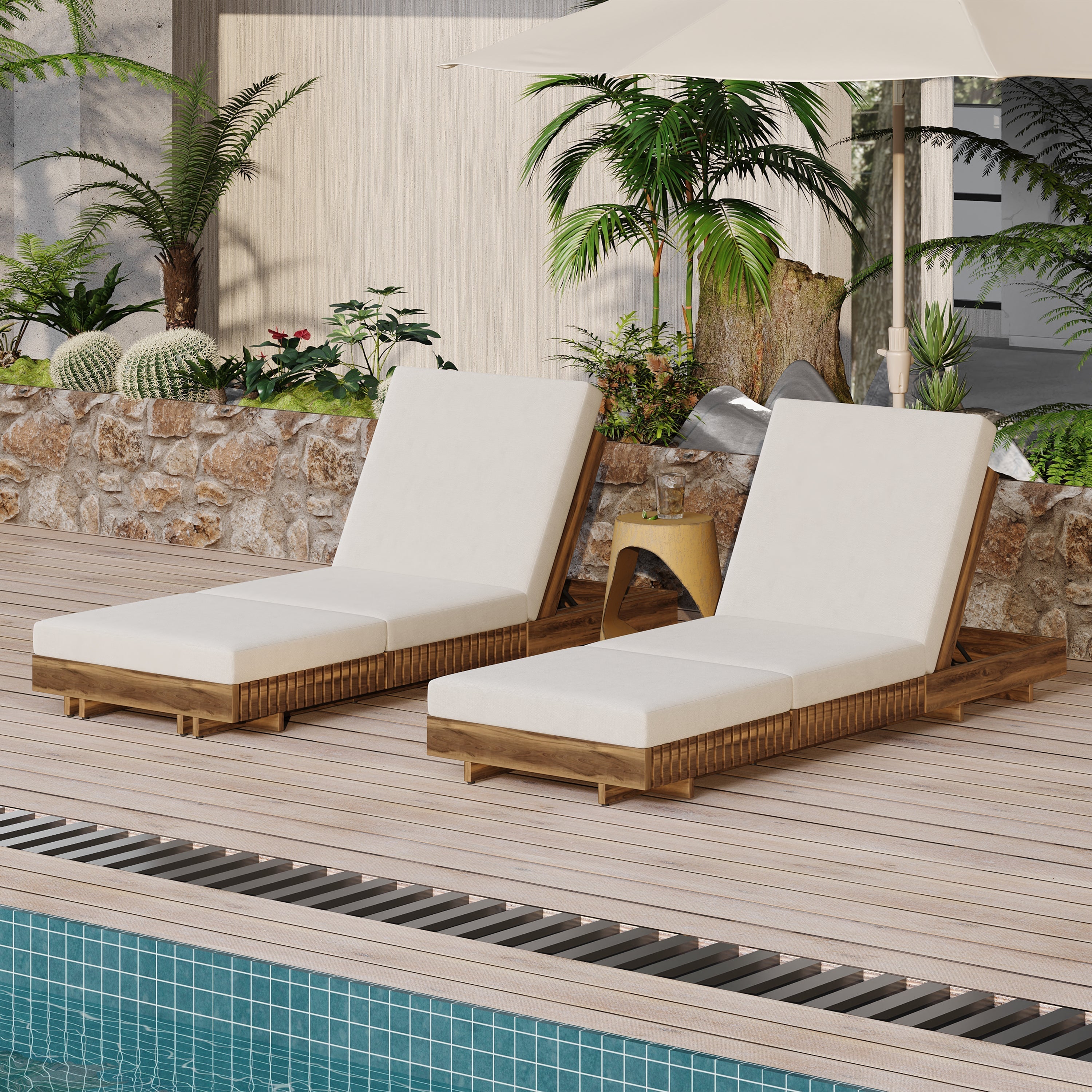 Lounge Chaise Set, Acacia Solid Wood with Cream Lounge Cushion