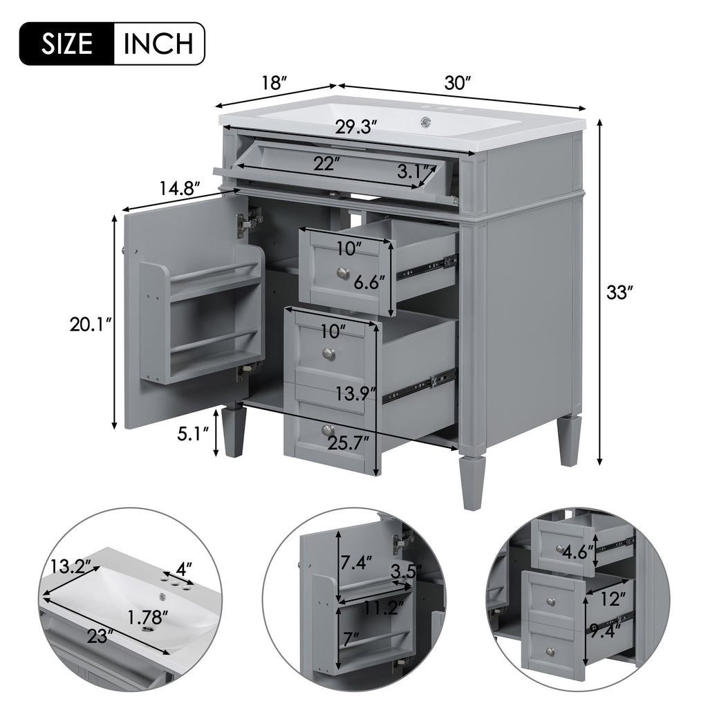 Bathroom Vanity With Top Sink, 2 Doors And 3 Drawers, Freestanding Set With Mirror Cabinet