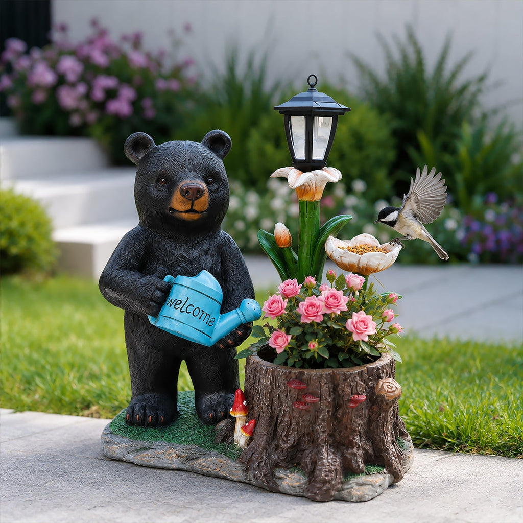Standing Black Bear Garden Planter with Decorative Solar Lantern