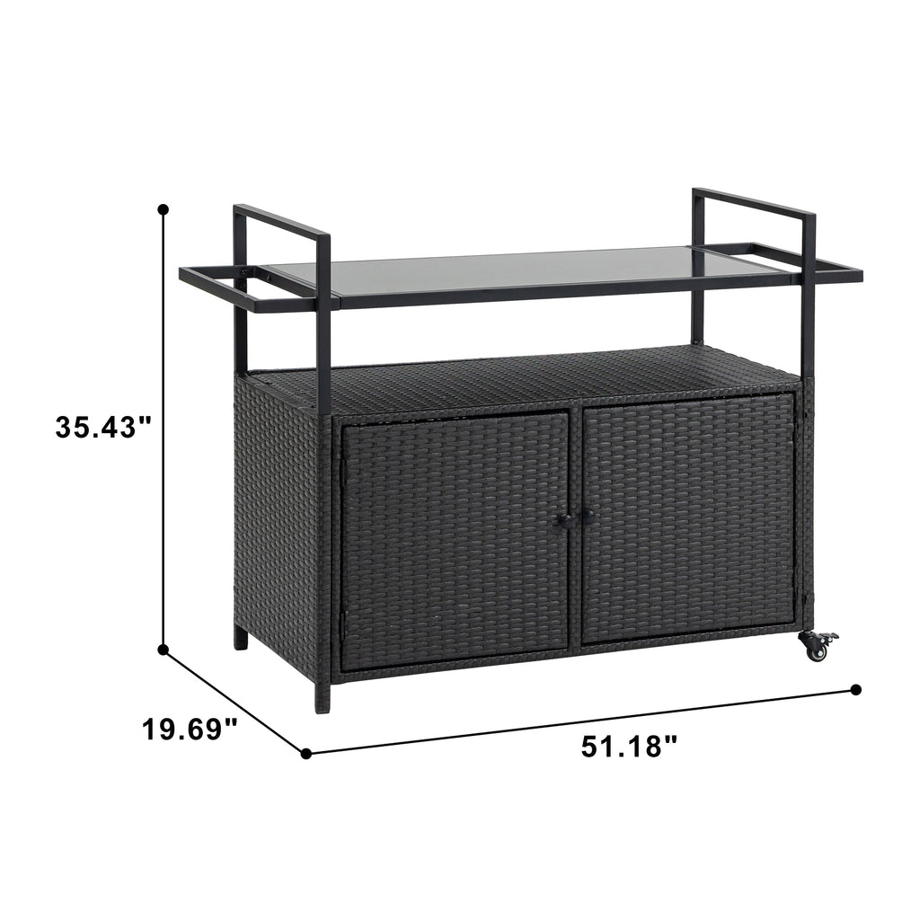 Outdoor Wicker Bar Cart with Glass Top and Wheels