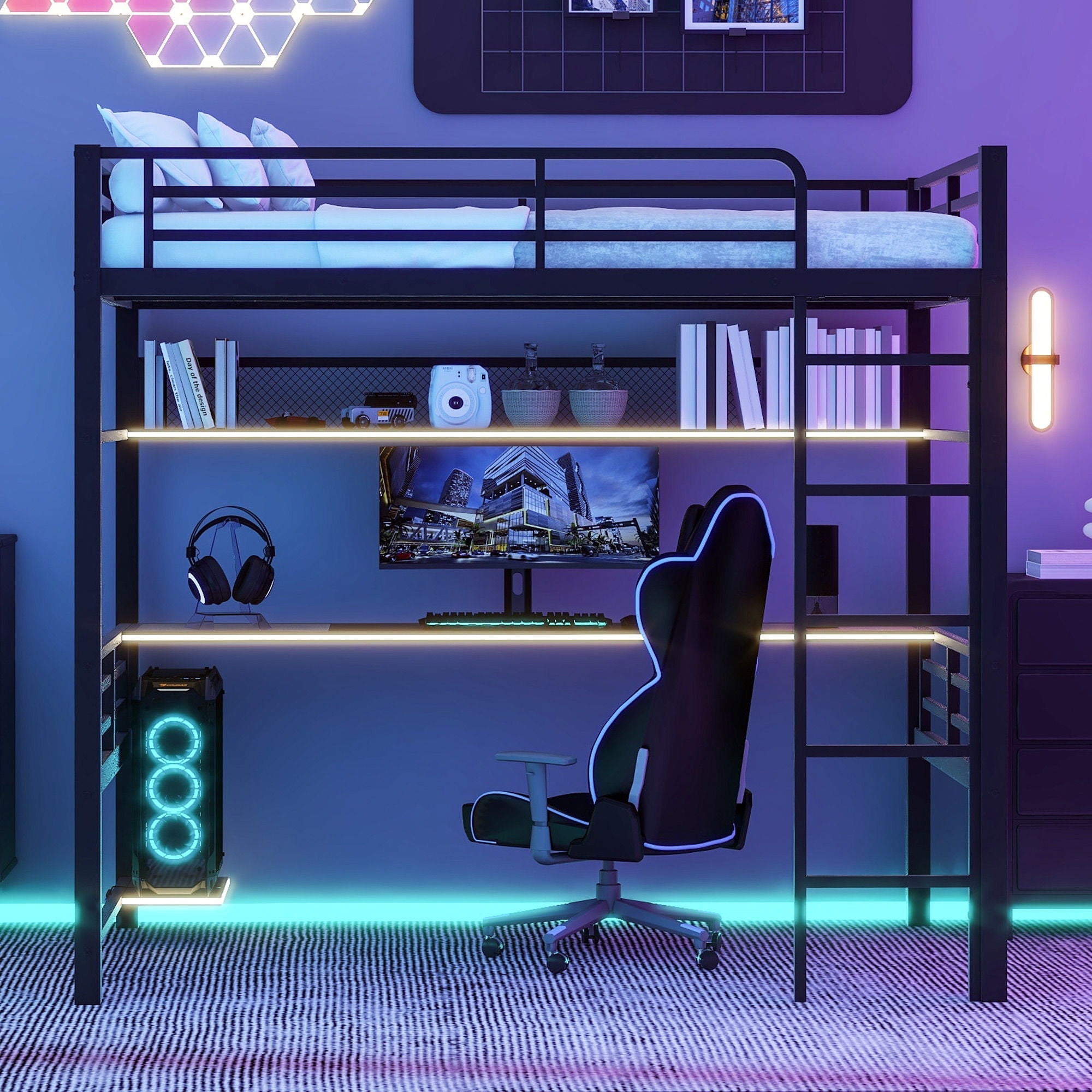 Full Size Loft Bed Frame With Storage Shelf And LED Light - Black