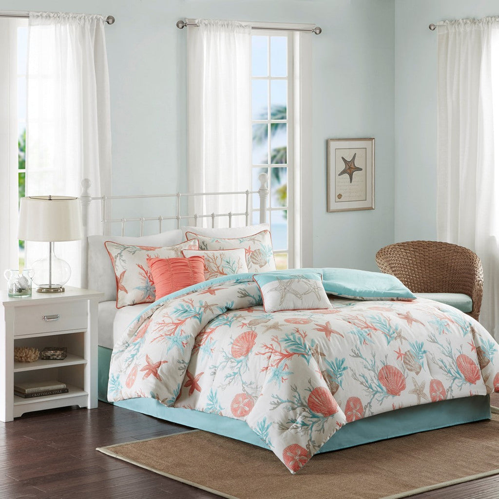 7 Piece Cotton Sateen Comforter Set Coral California King