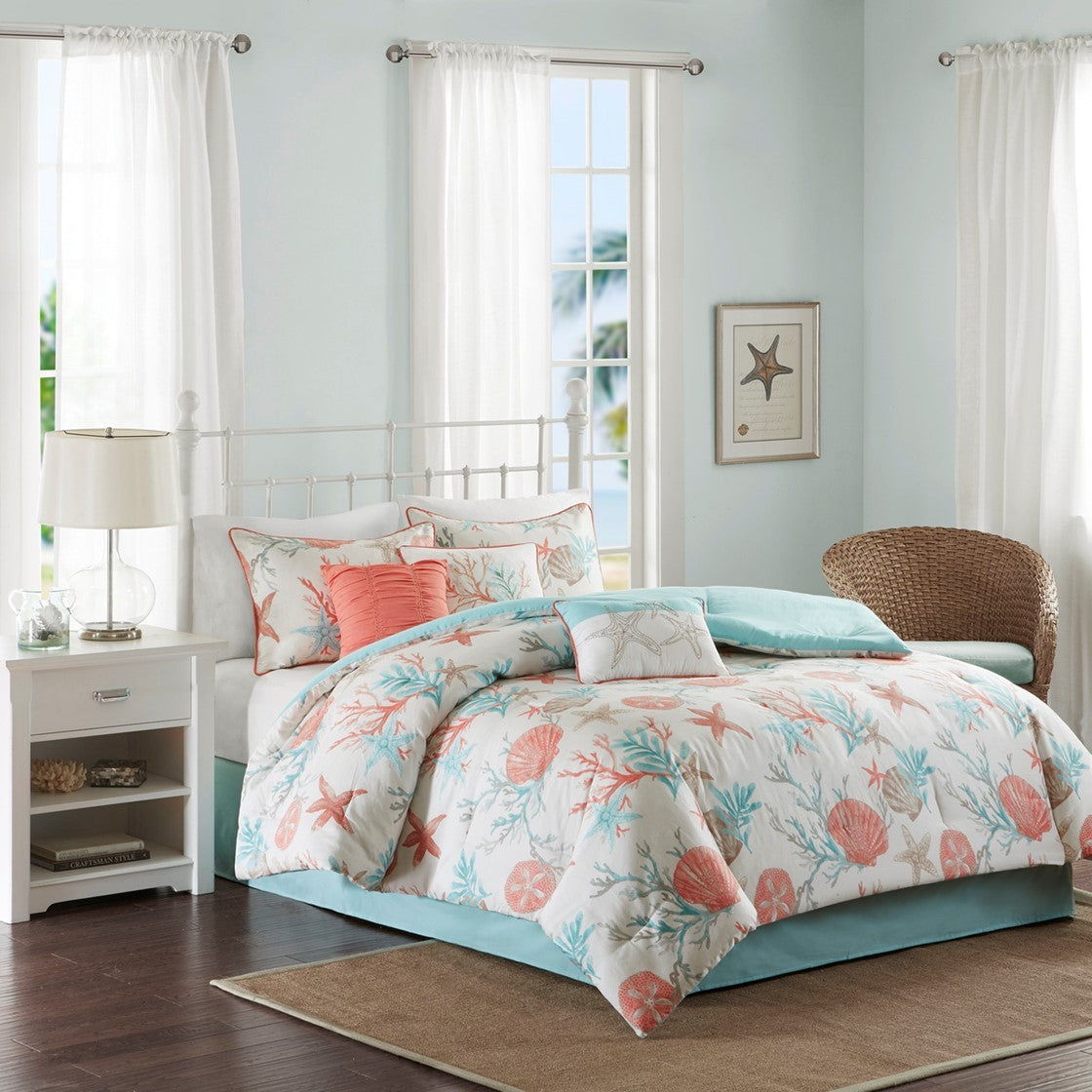 7 Piece Cotton Sateen Comforter Set Coral California King