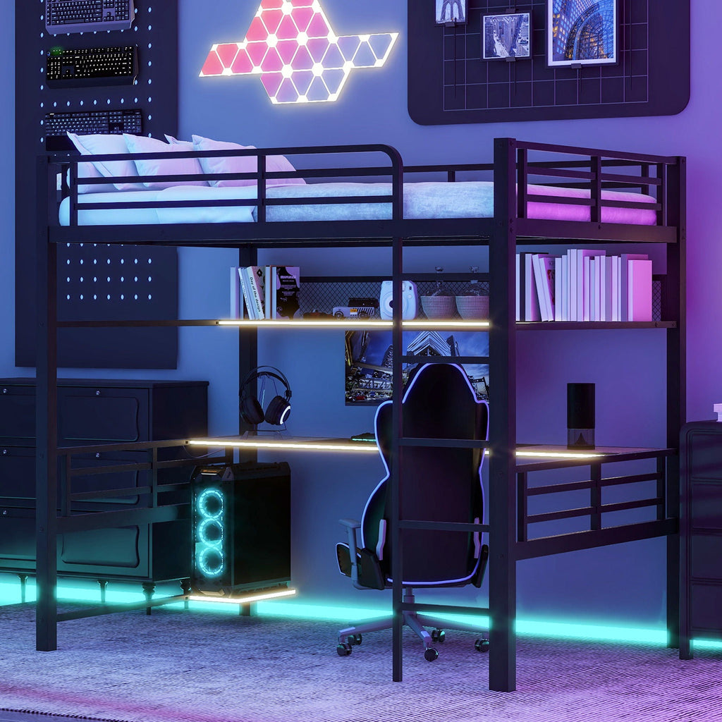 Full Size Loft Bed Frame With Storage Shelf And LED Light - Black