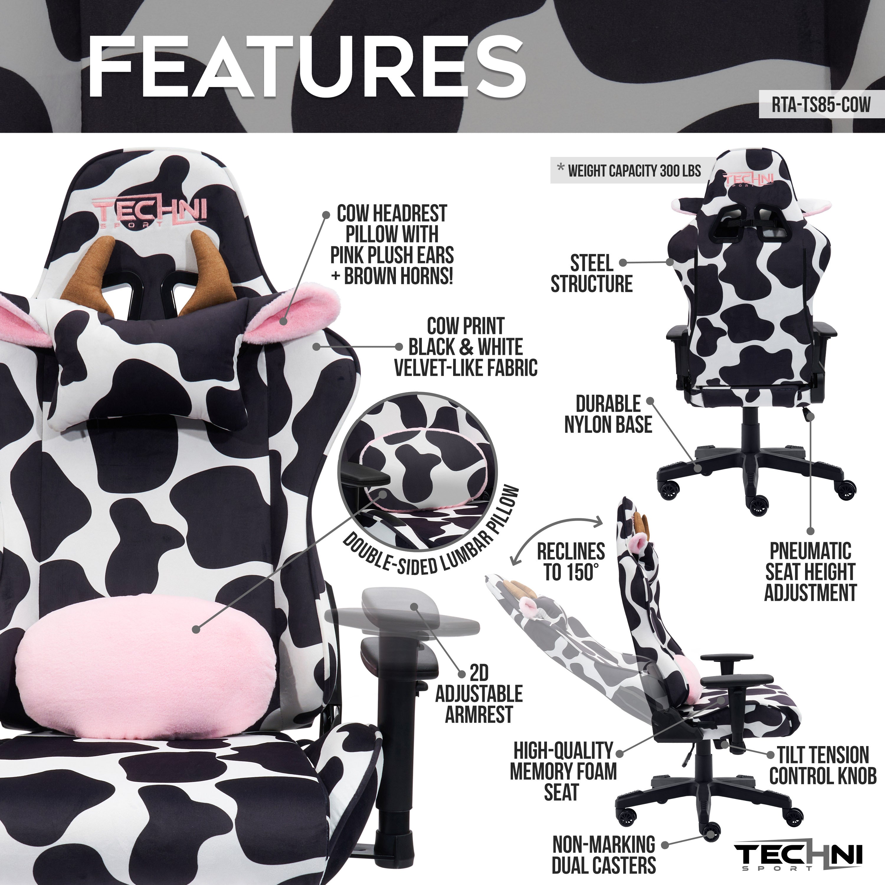 TS85 Cow Print LUXX Series Gaming Chair