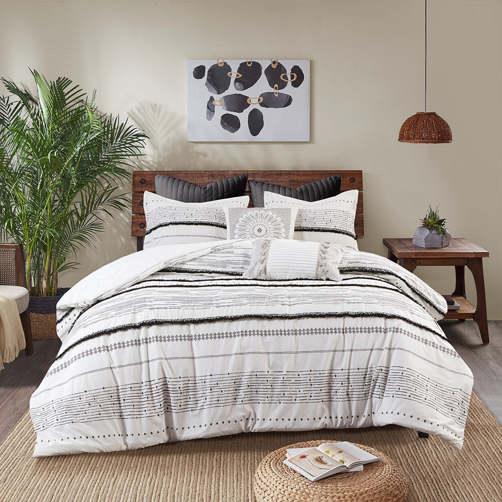 Cotton Printed Comforter Set with Trims Black/White Full/Queen