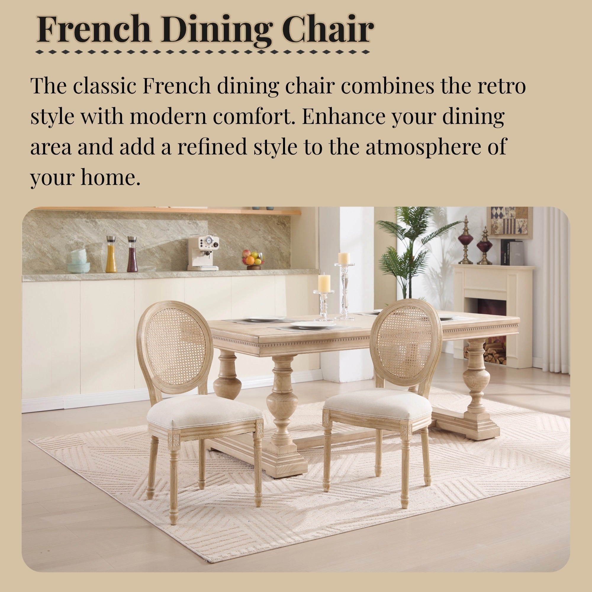 French Country Dining Chairs Set of 2 Upholstered with Rattan Back