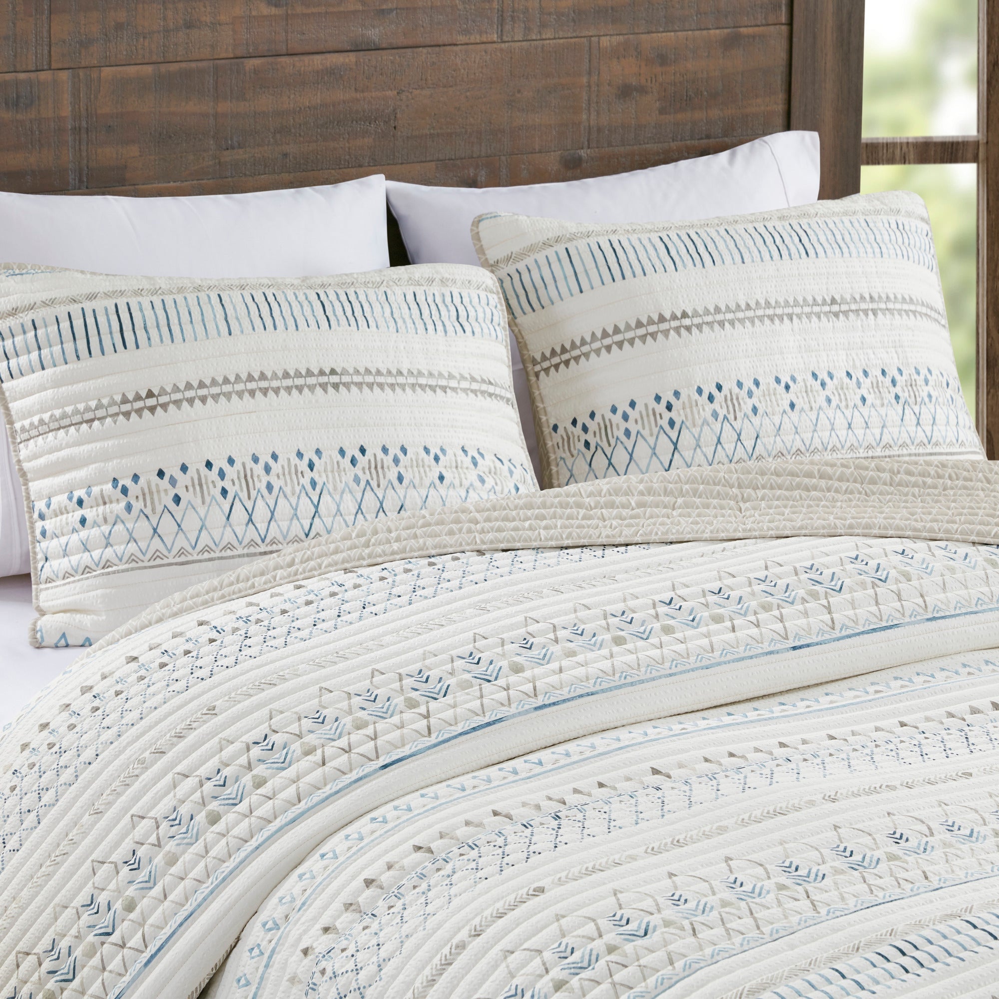 3 Piece Seersucker Quilt Set Taupe Blue King Cal King