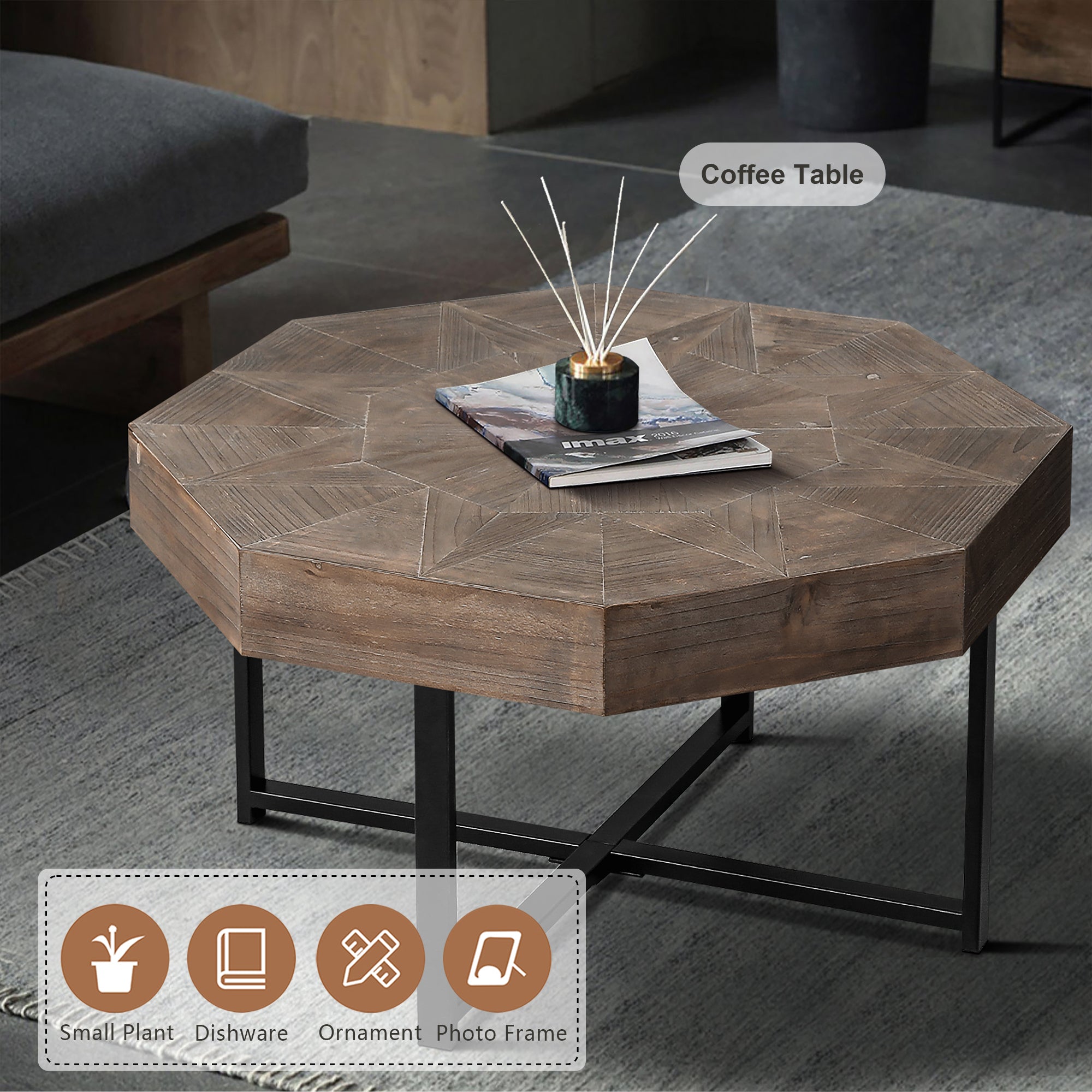 Wood Octagonal Vintage Patchwork Coffee Table