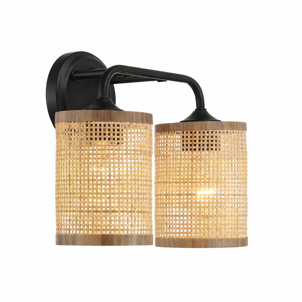 Quell - Double Light Vanity With Natural Shade Wall Lamp - Black / Rattan