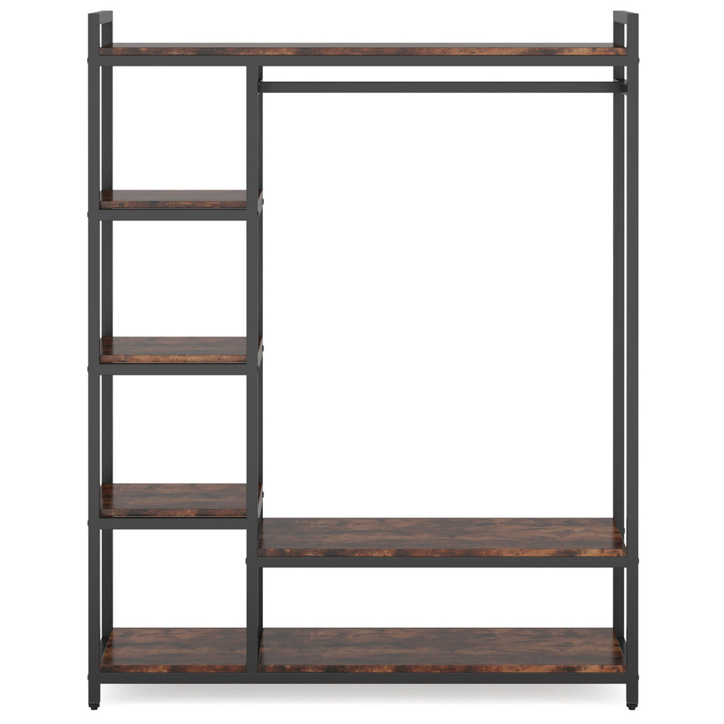 Free Standing Closet Organizer With 6 Shelves And Hanging Bar - Brown / Black