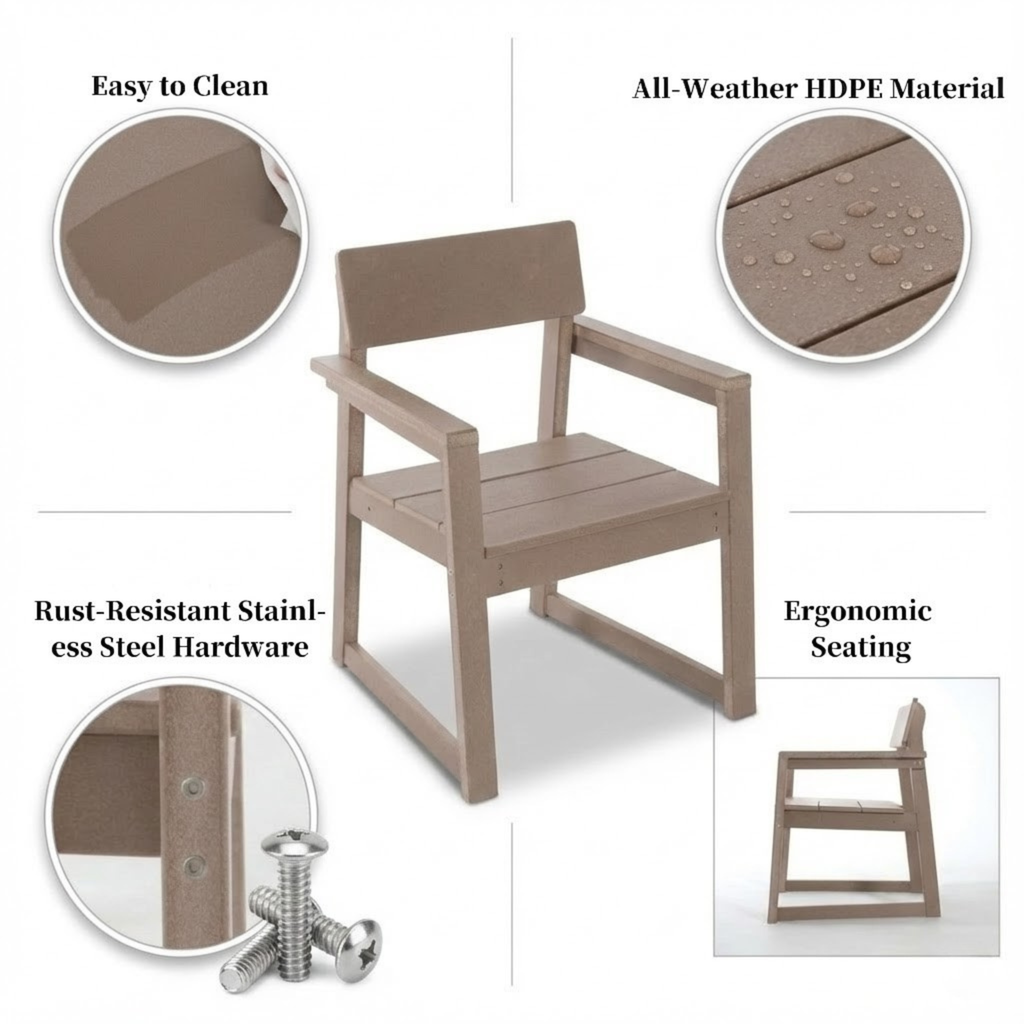 Antique Wood Color HDPE Outdoor & Garden Armchairs with Backrest