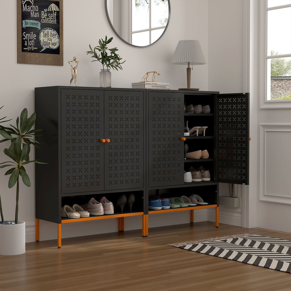 Grid Double Door Shoe Cabinet With Adjustable Compartments and Moisture-Proof Design