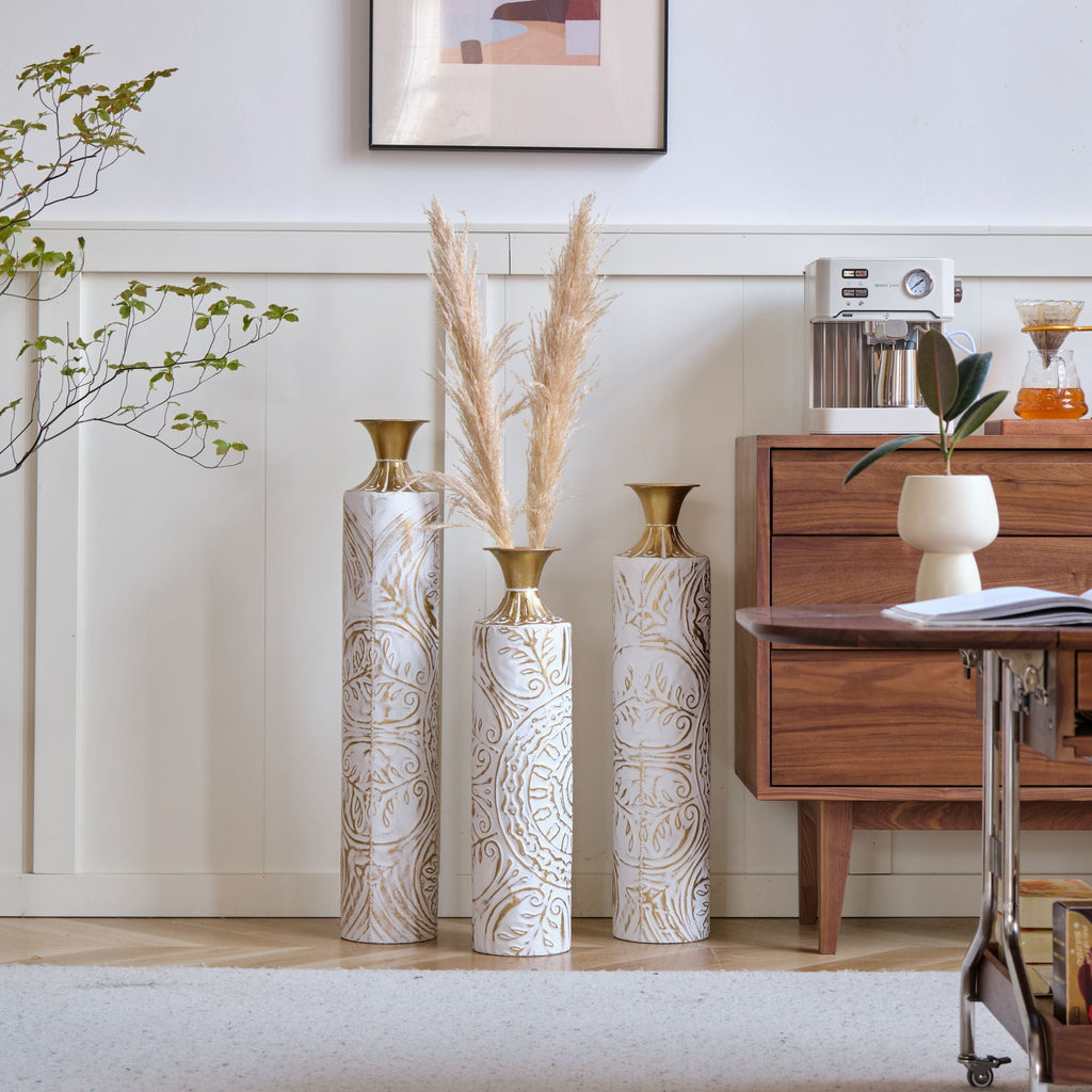 Floor Metal Vases Decorated Metal Vases (Set of 3) Gorgeous Home Decoration Large Glazed Metal Vases - White / Gold