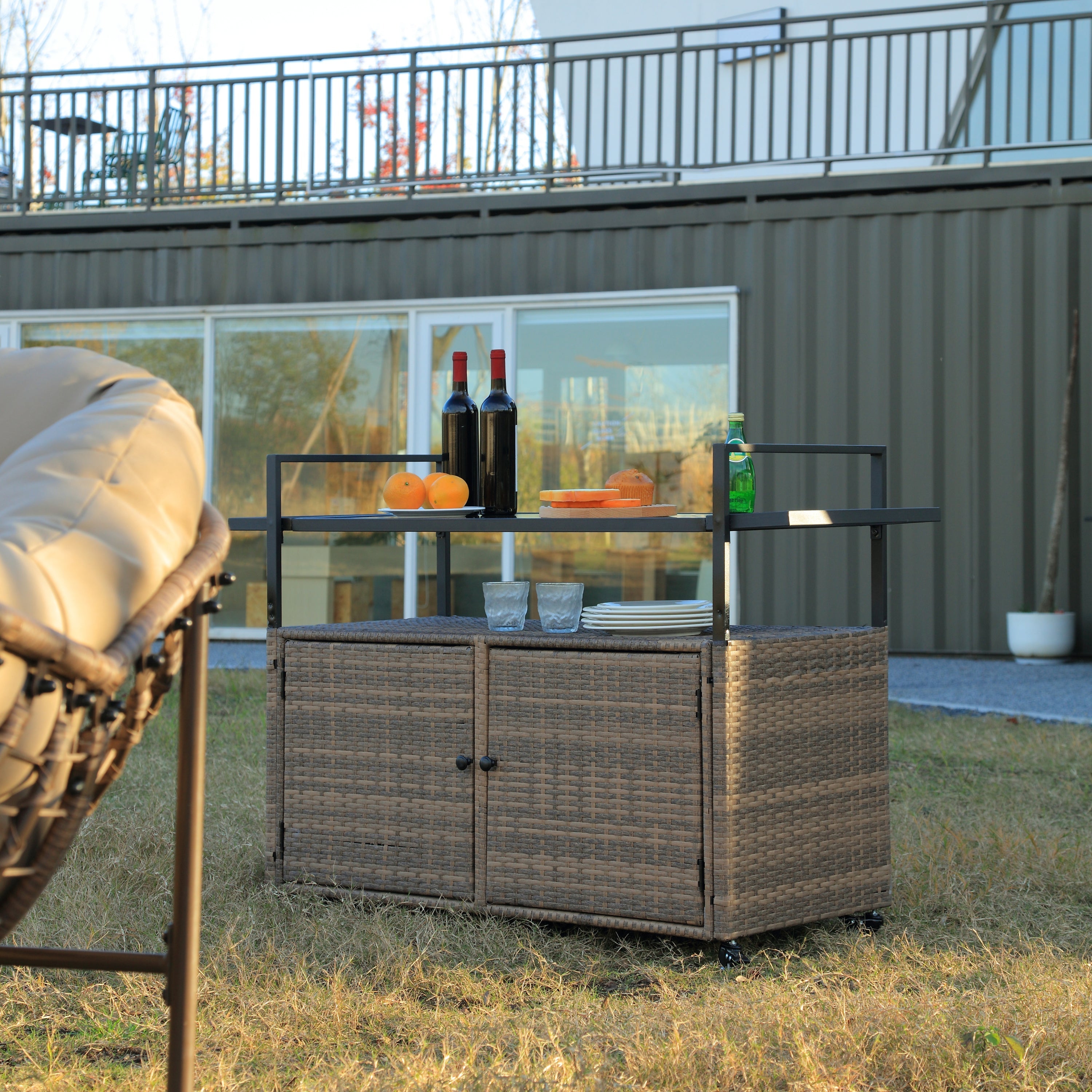 Outdoor Wicker Bar Cart with Glass Top and Wheels