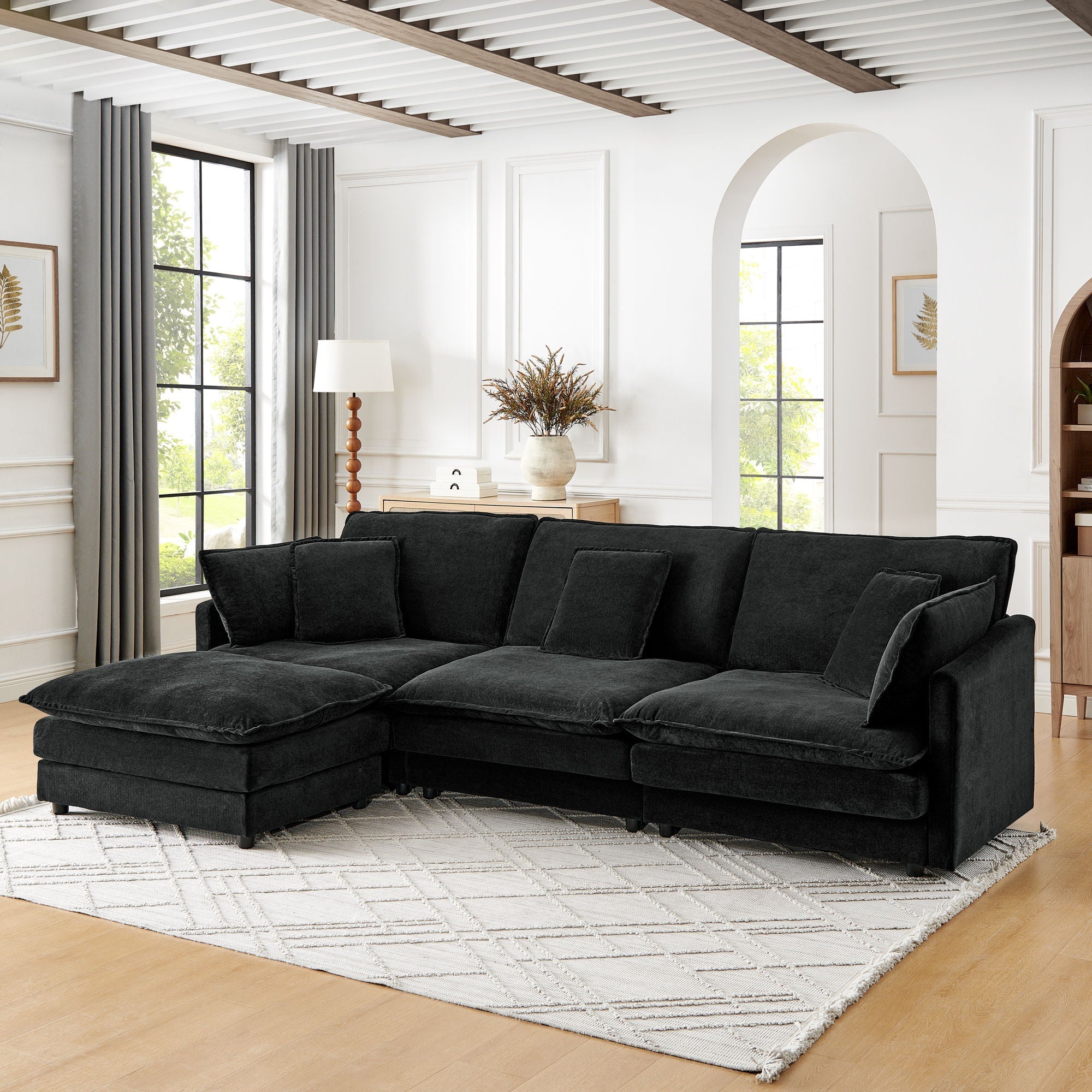 L-Shaped Sectional Sofa With Ottoman, Convertible 4 Seater Couch