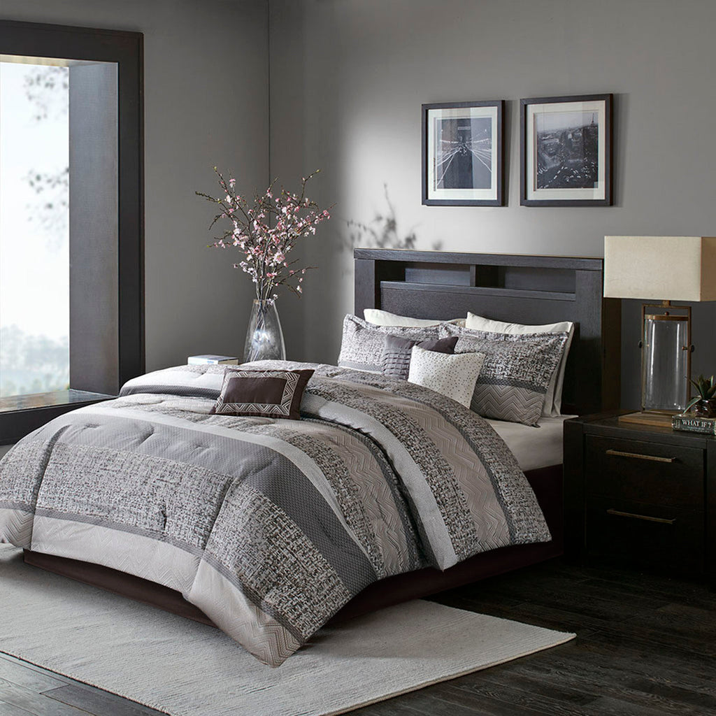 7 Piece Jacquard Comforter Set Grey/Taupe Cal King