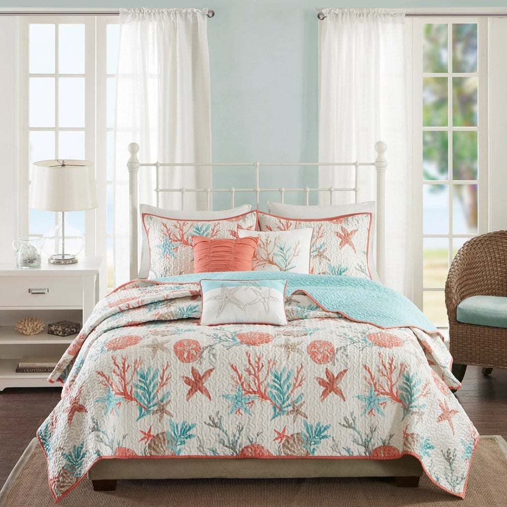 6 Piece Cotton Sateen Quilt Set with Throw Pillows Coral Full/Queen