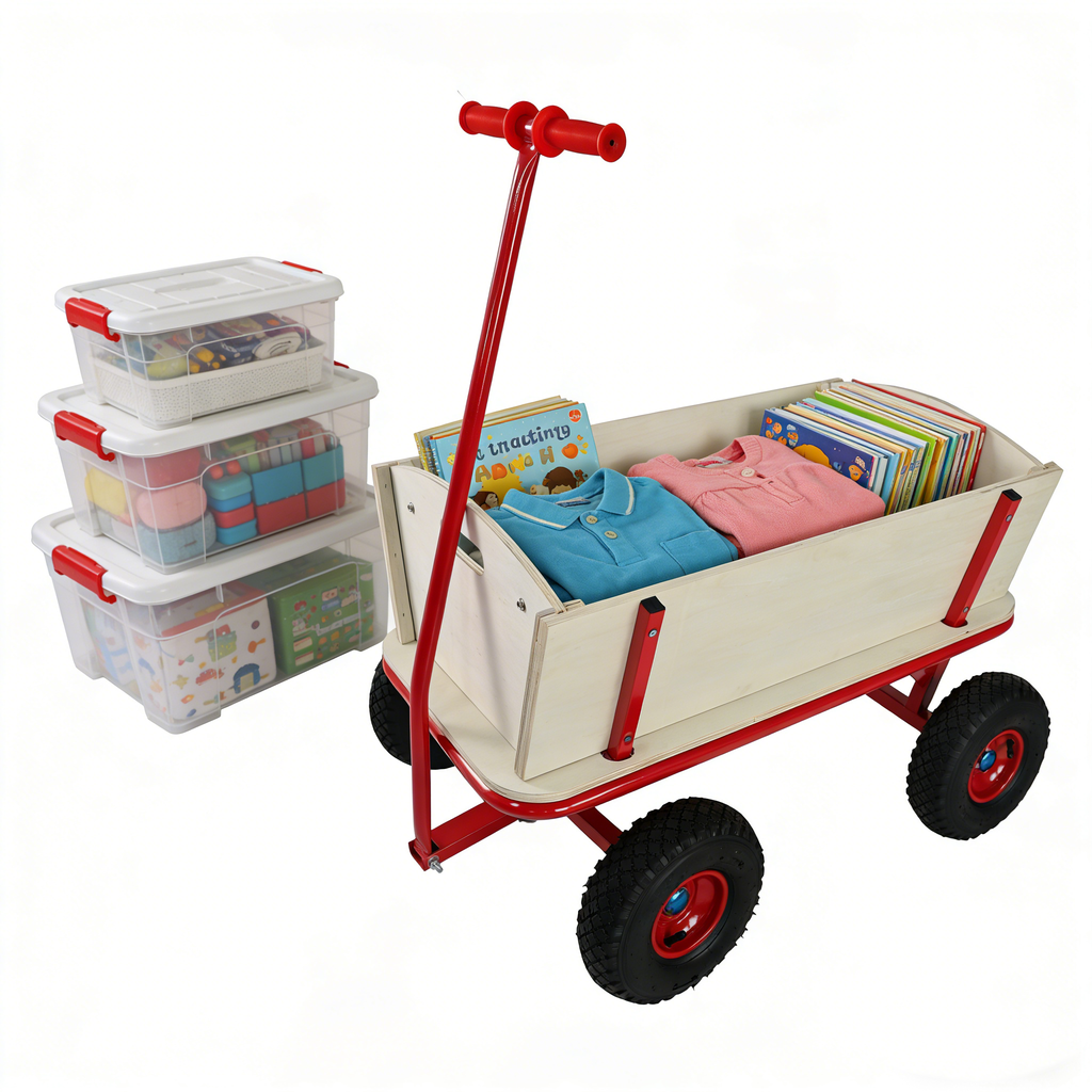 Wooden Children's Outdoor Stroller with Four-Wheel Design
