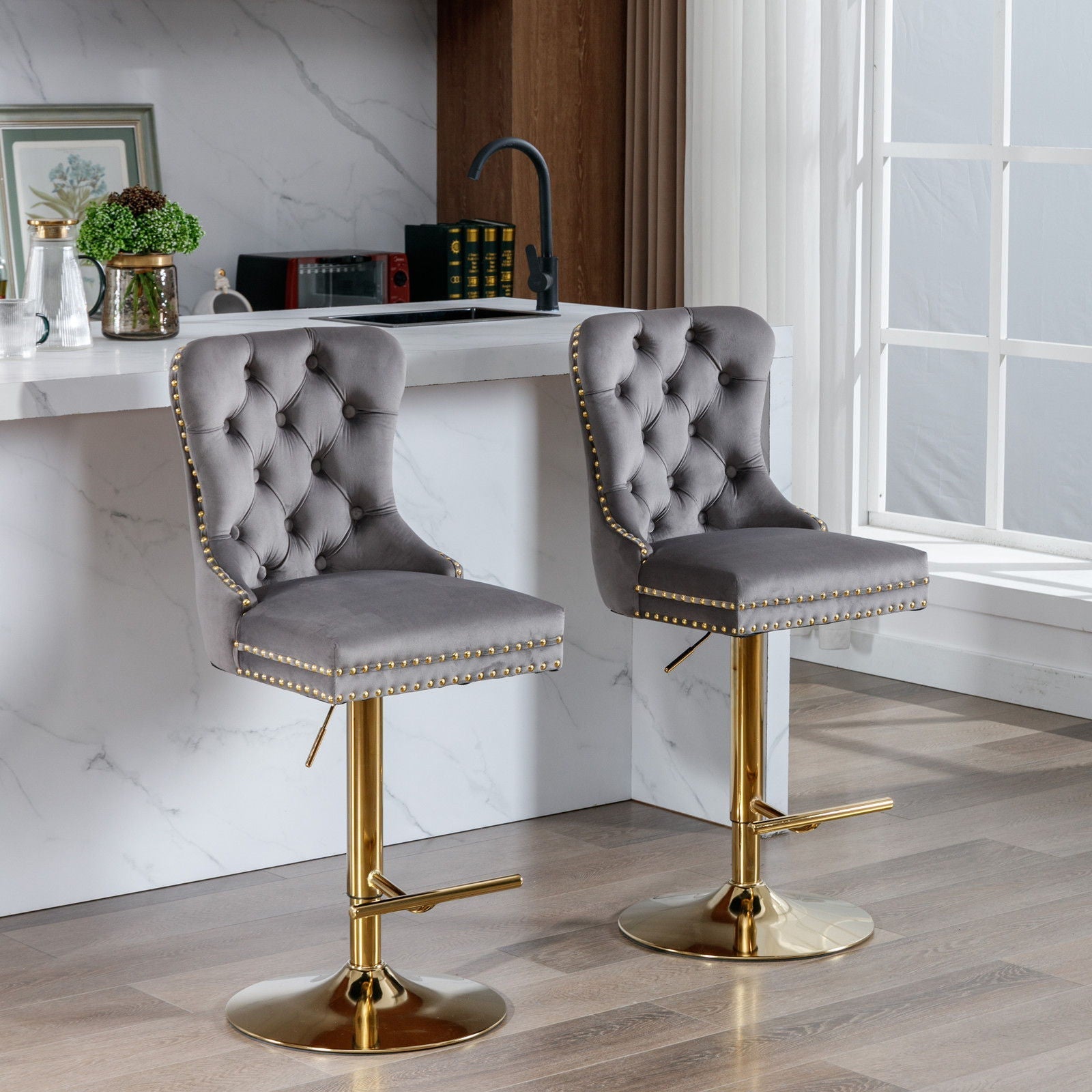 Thick Swivel Barstools Adjusatble Seat Height From 25-33", Modern Upholstered Bar Stools With Backs Comfortable Tufted For Home Pub And Kitchen Island (Set of 2)