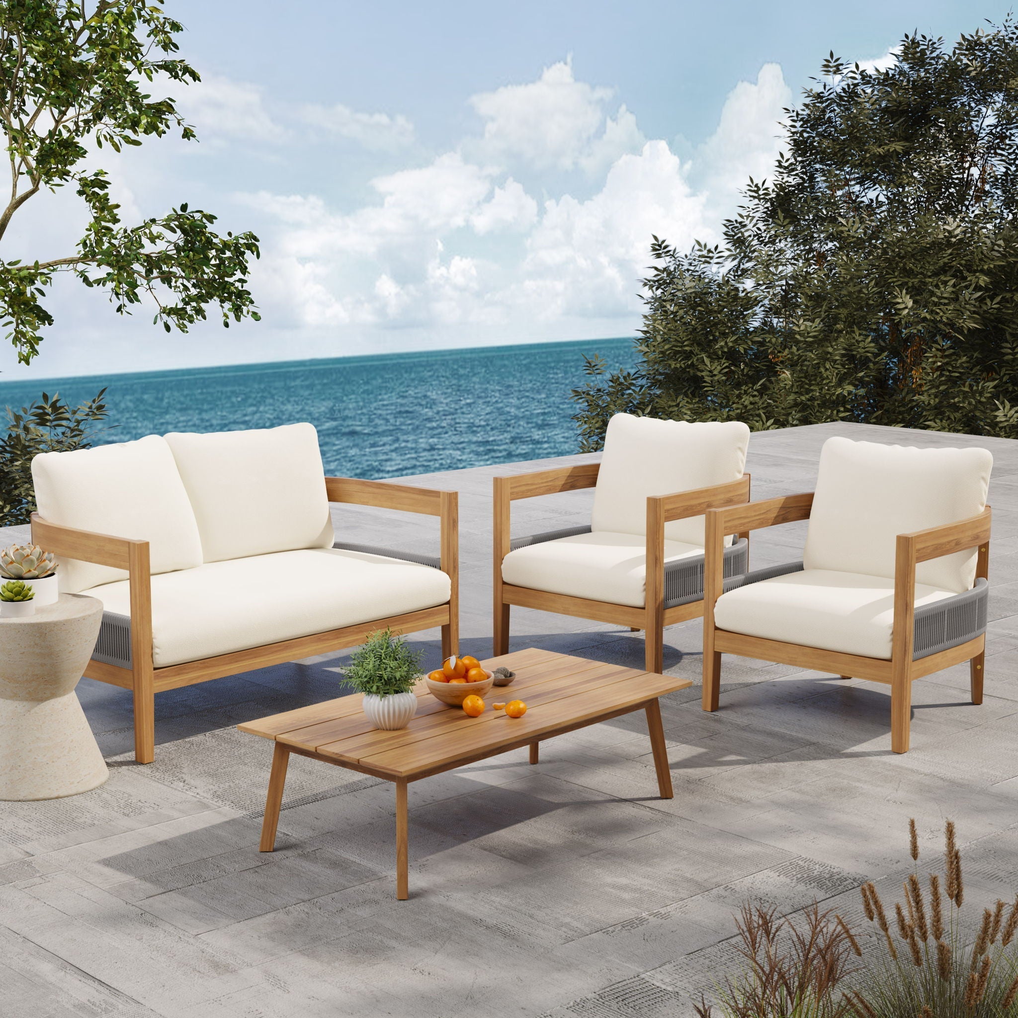 Porto Outdoor Loveseat & Table - Beige / Teak