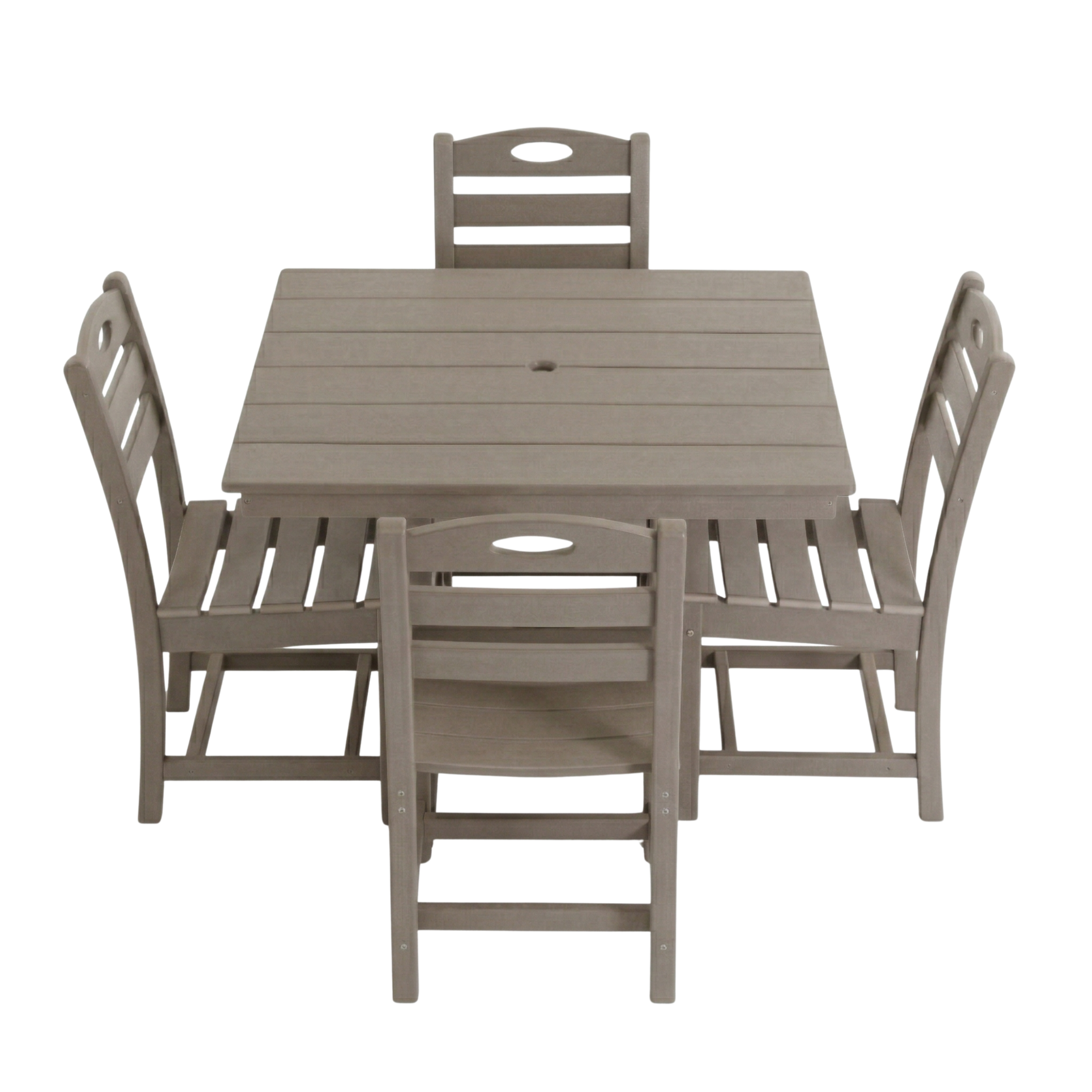 Antique Wood Color HDPE 5-Piece Outdoor Patio Dining Set with Square Table and 4 Armless Chairs, Umbrella Hole