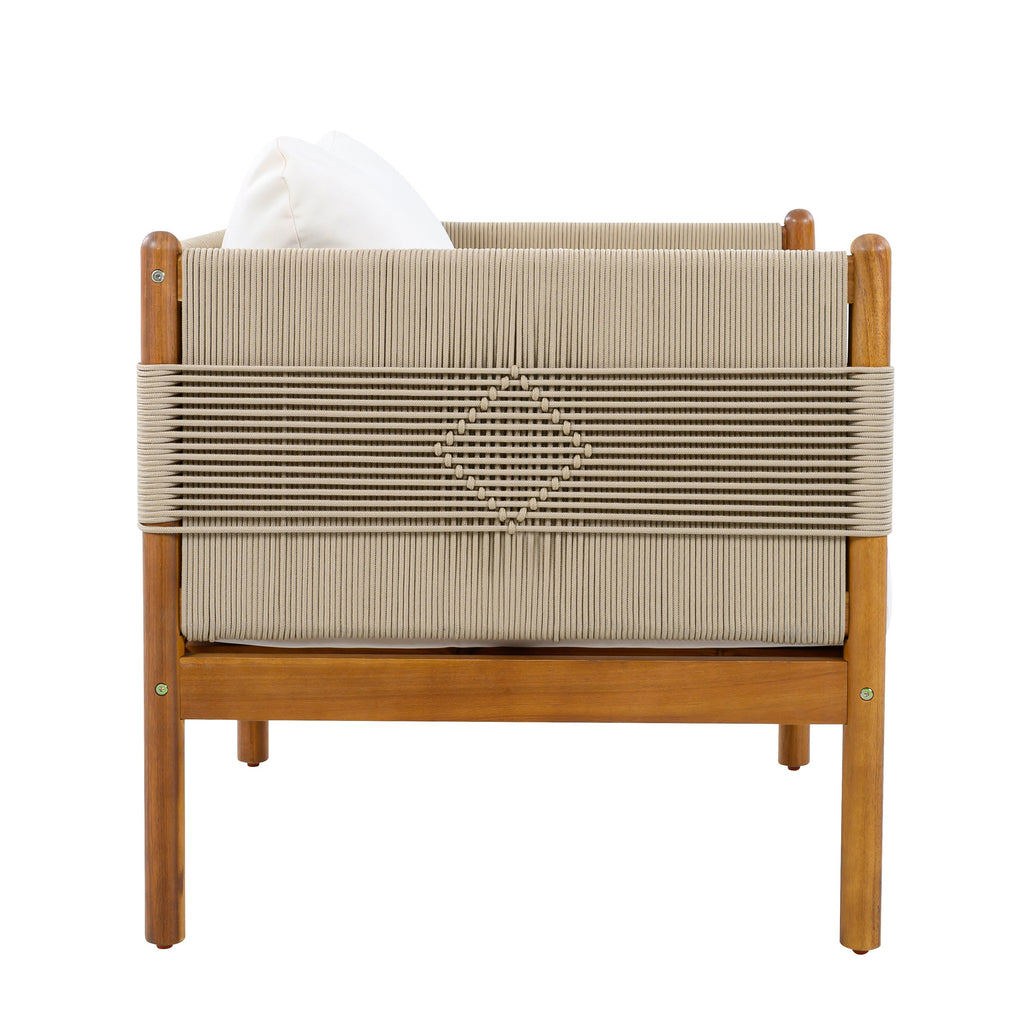 Outdoor Acacia Wood Club Chair with Diamond Rope Weave & Cushions, Teak Finish