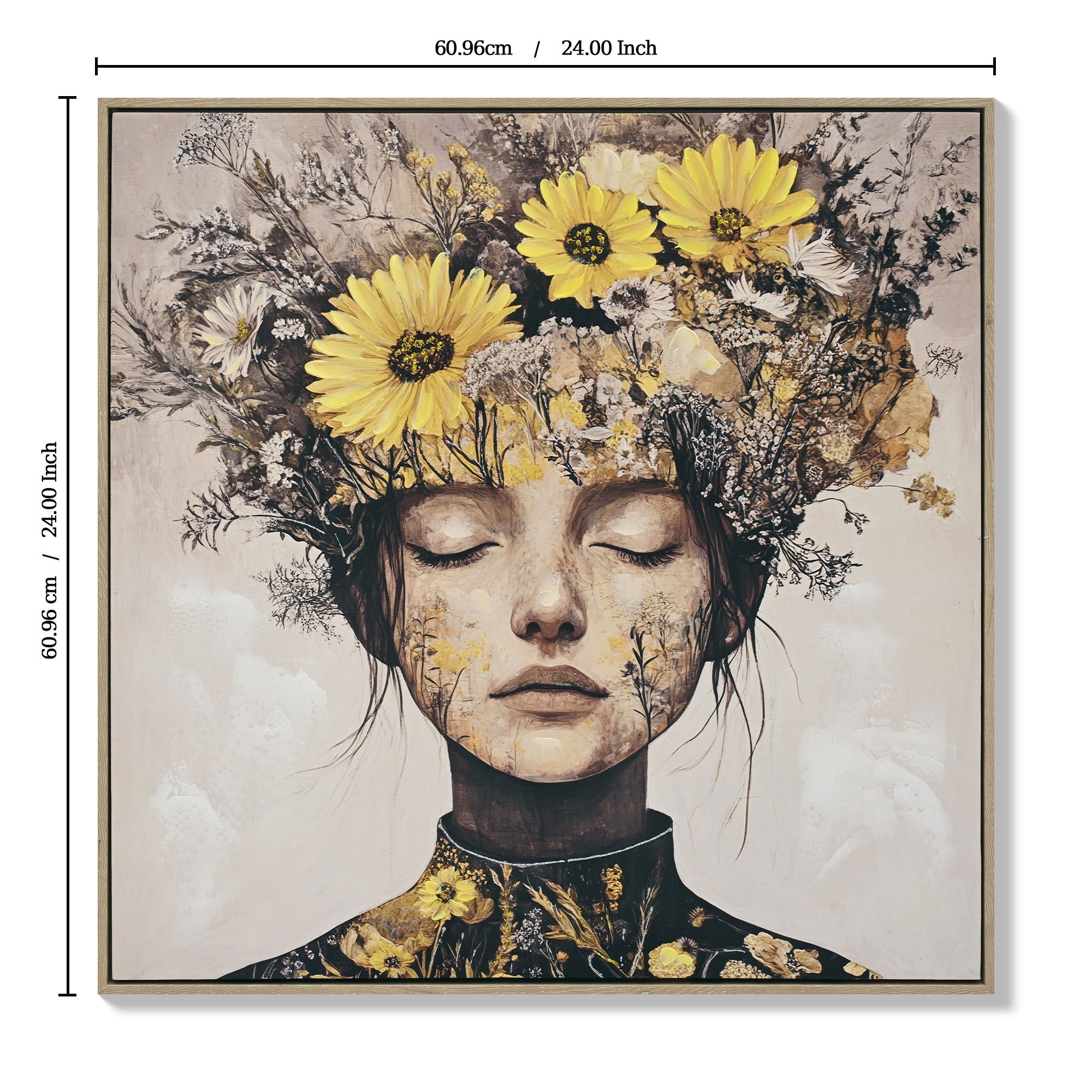 Beauty Lady Wall Art Gold and White Floral Canvas Artwork 24x24 Inch