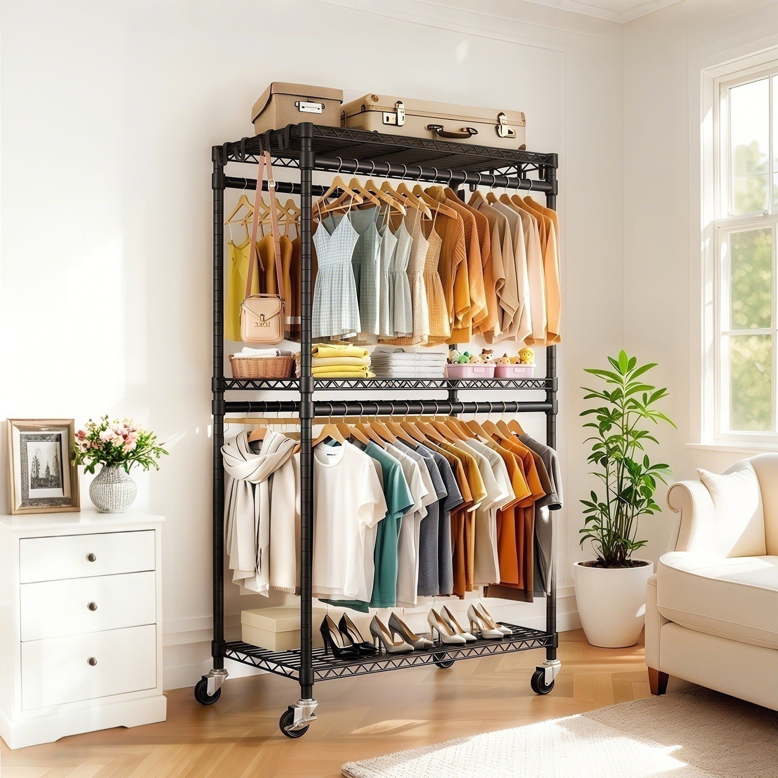 Heavy Duty Rolling Clothes Rack With 3 Tier Shelves, 2 Rails & Side Hooks