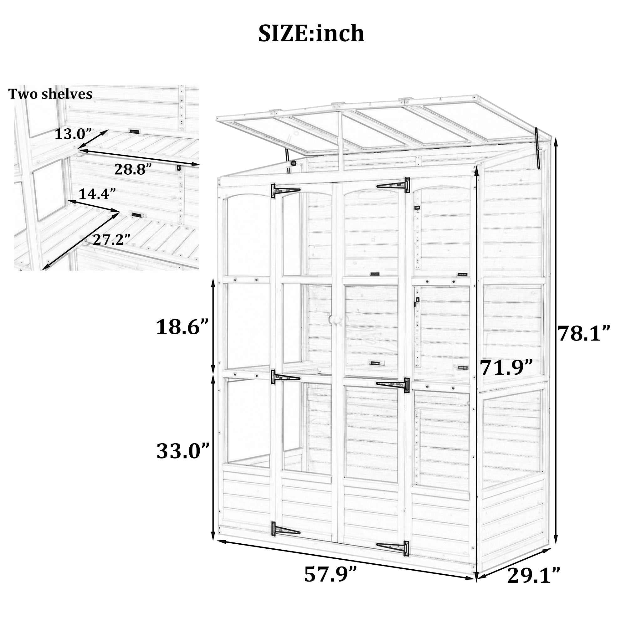 TOPMAX 78-Inch Wooden Greenhouse with Skylights and Folding Shelves