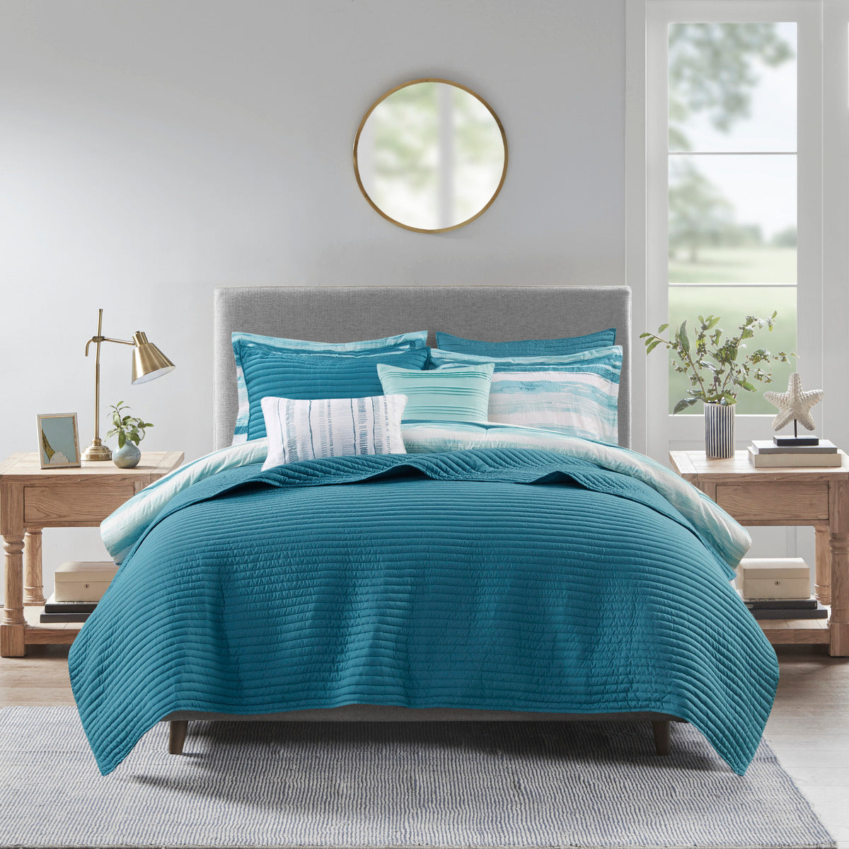 8 Piece Printed Seersucker Comforter and Quilt Set Collection Aqua Full/Queen