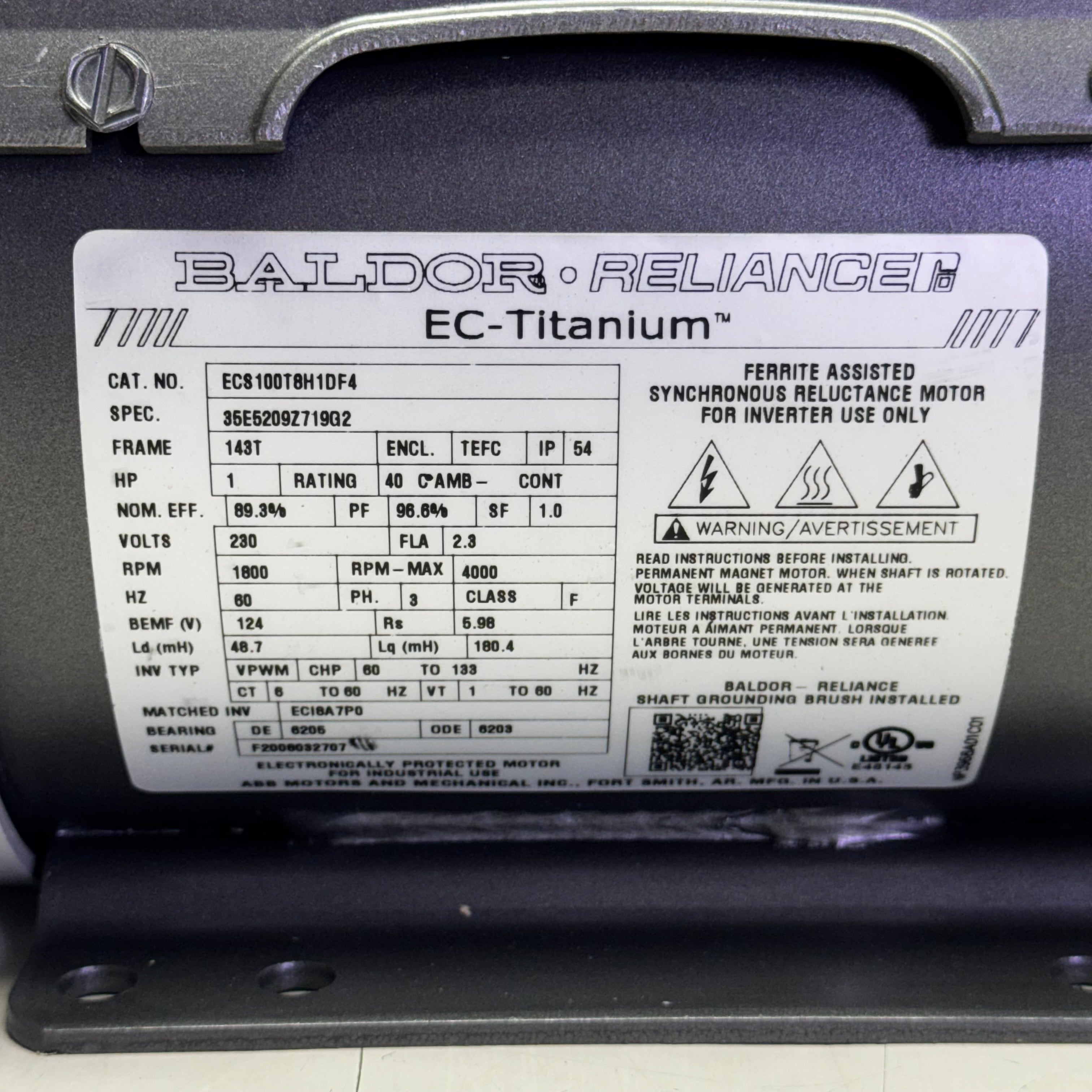 BALDOR RELIANCE Motor 230V/1HP 12"L x 6"W x 11"H Grey EC8100T8H1DF4