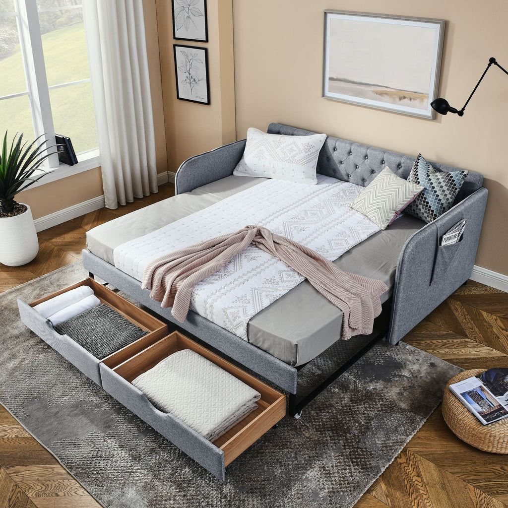 Daybed With Trundle And Storage Drawers, Flat Arms With Pocket