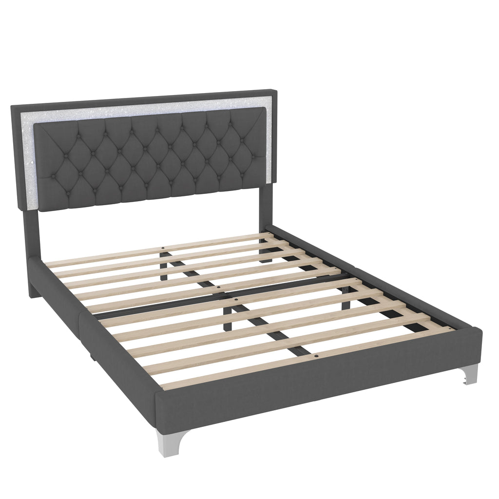 3-Pieces Bedroom Set, Queen Size Upholstered Platform Bed with LED Lights and Two Nightstands - Gray