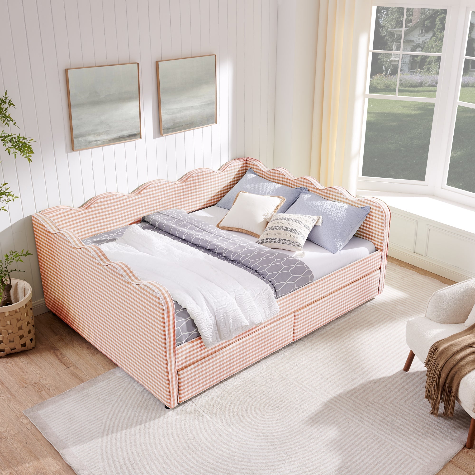 Queen Size Cozy Gingham Daybed with Two Storage Drawers and USB Port