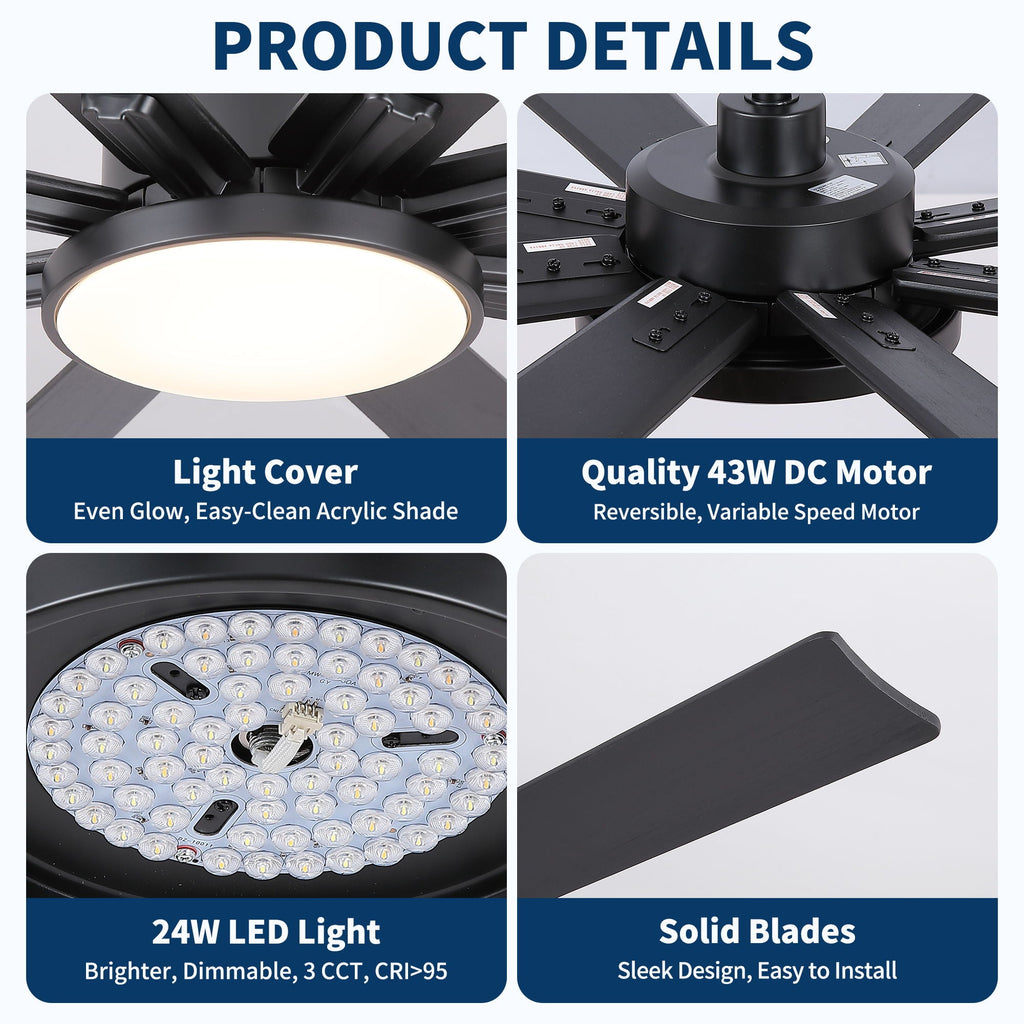 Large Ceiling Fan With Dimmable LED Light 8 Blades Remote Control, Reversible DC Motor