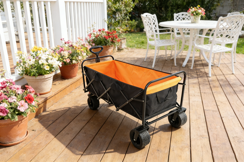 Big Large Capacity Folding Wagon Cart with Extender (Black + Orange)