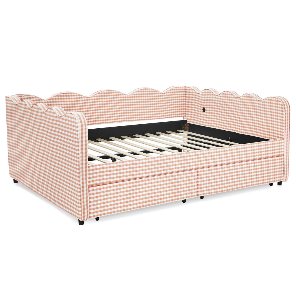 Queen Size Cozy Gingham Daybed with Two Storage Drawers and USB Port