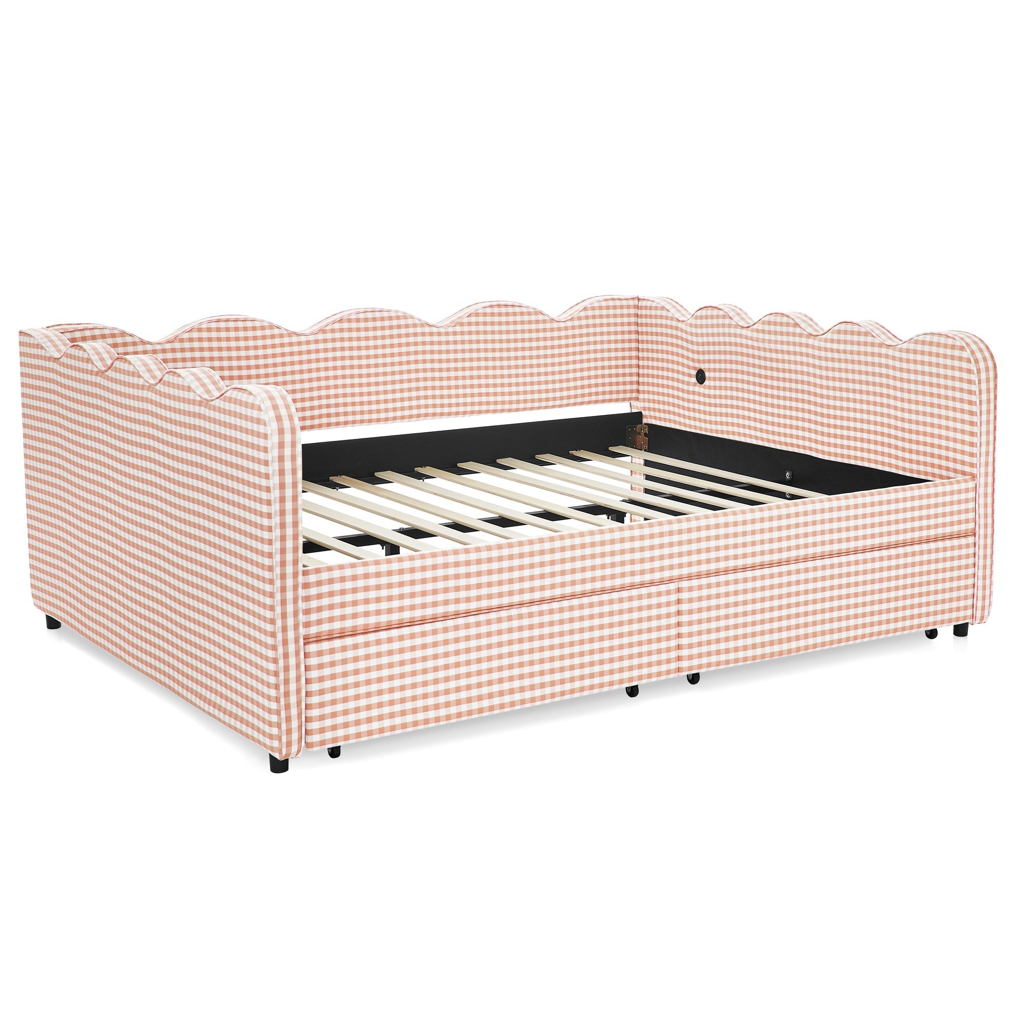 Queen Size Cozy Gingham Daybed with Two Storage Drawers and USB Port