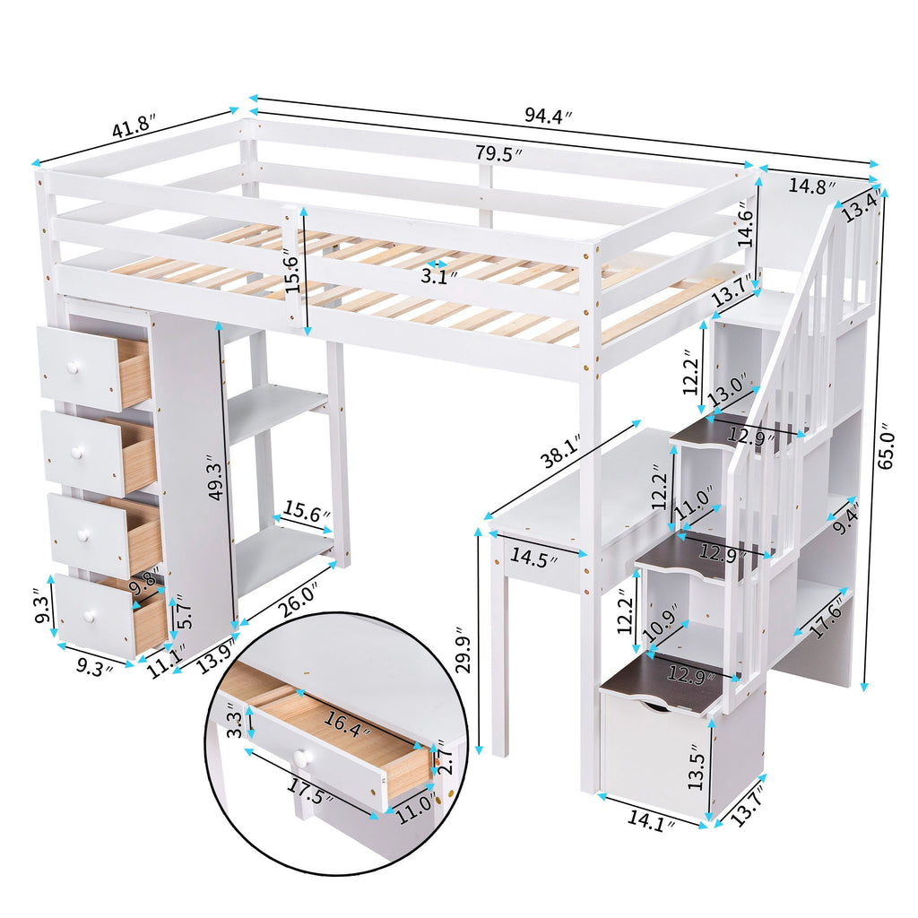 Loft Bed With Storage Drawers, Desk And Stairs With Shelves